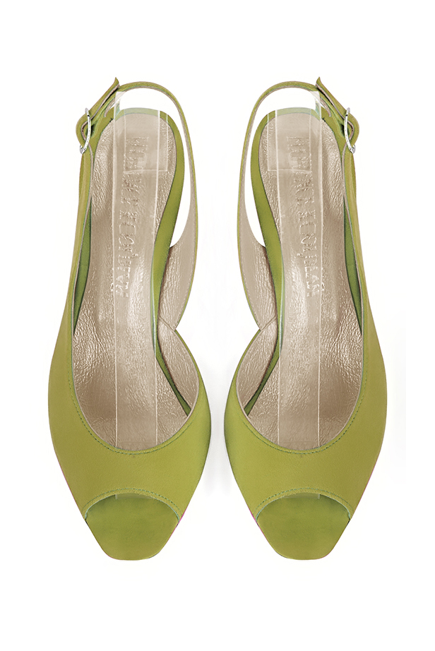 Women's pistachio green open-toe dress pumps with back strap. Square toe. Medium comma heels - Top view
